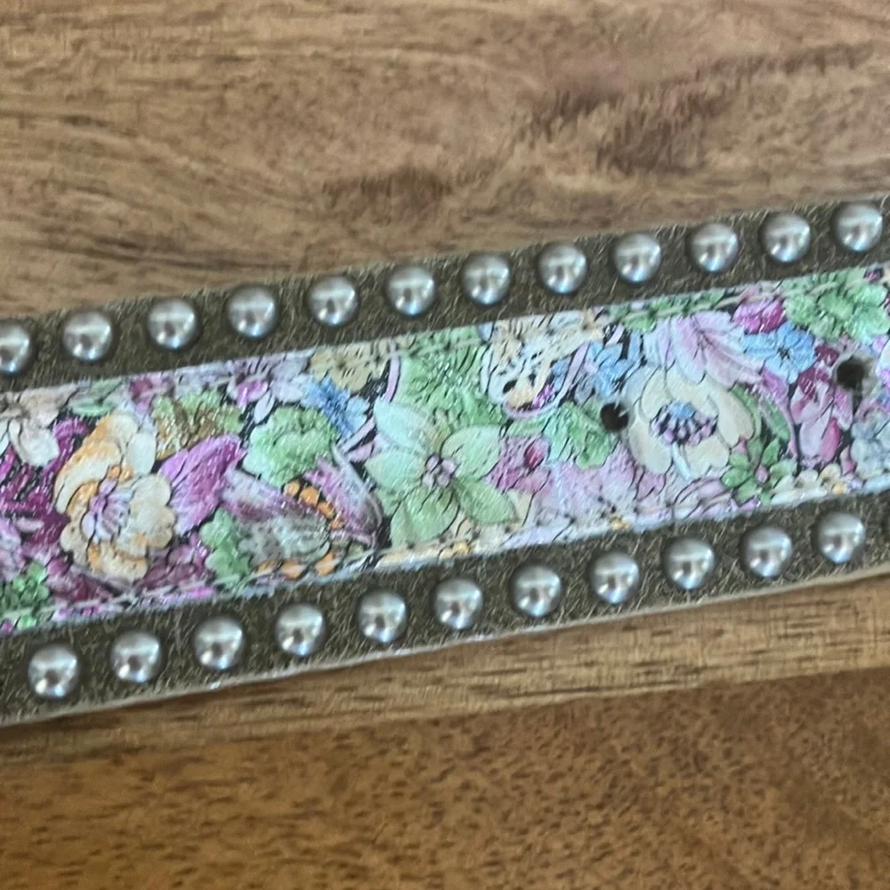 Leatherock 34”l Suede Floral Inlay Belt w/ Crystal Buckle Studded Boho hippie